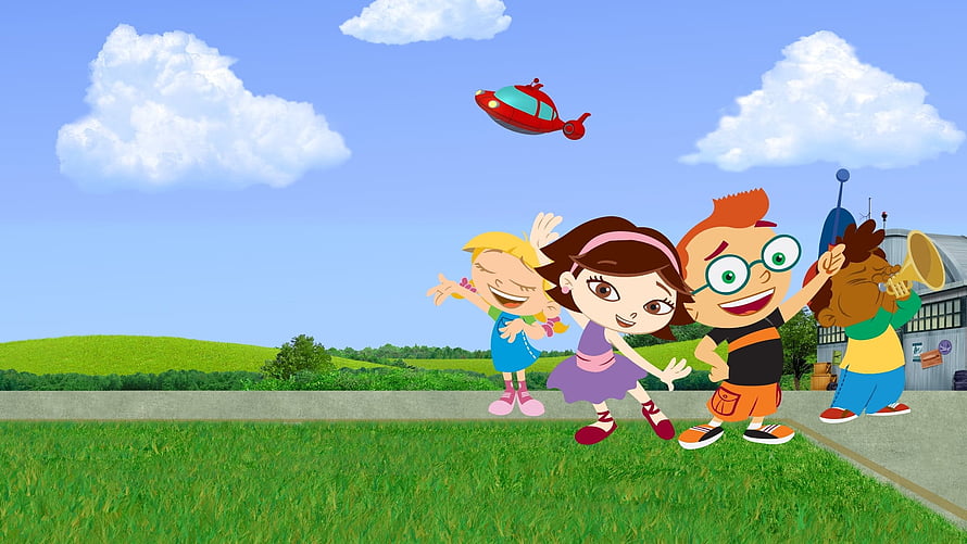 Little Einsteins Characters Dancing on a Sunny Meadow with Rocket Ship in the Sky HD wallpaper