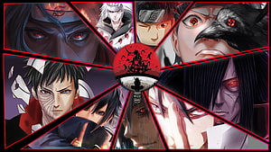 Naruto Uchiha Clan Character Collage with Sharingan Eyes and Red Black Palette HD wallpaper