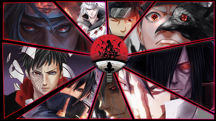 Naruto Uchiha Clan Character Collage with Sharingan Eyes and Red Black Palette HD wallpaper