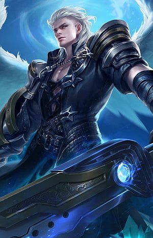 Alucard Epic Skin from Mobile Legends with glowing blue energy sword and armored fantasy warrior design HD phone wallpaper