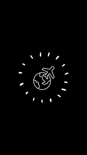 Minimalist white line art airplane circling globe icon on black background HD phone wallpaper