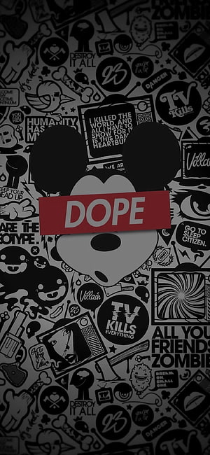 Dope Mickey Mouse Silhouette with Red Banner on Grunge Doodle Background HD phone wallpaper
