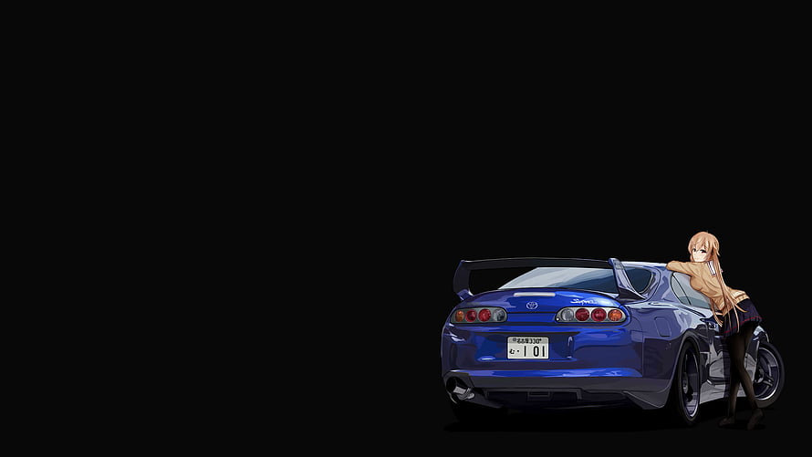 Murasame from Kantai Collection Leaning Against a Blue Toyota Supra MK4 on a Black Background HD wallpaper