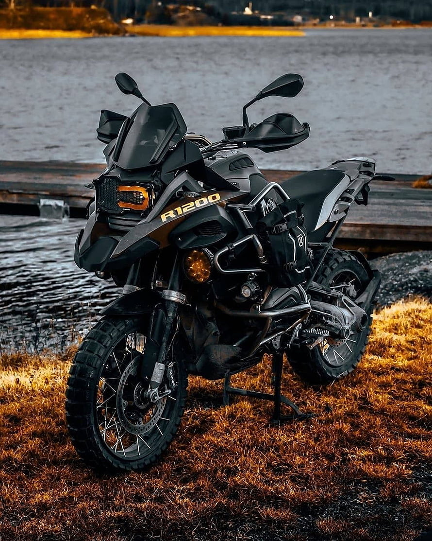 Black BMW R 1200 GS Adventure Motorcycle Parked on Grassy Shoreline HD phone wallpaper