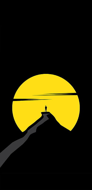 Minimalist silhouette of a lone figure standing on a winding path before a massive yellow sun against a black sky HD phone wallpaper
