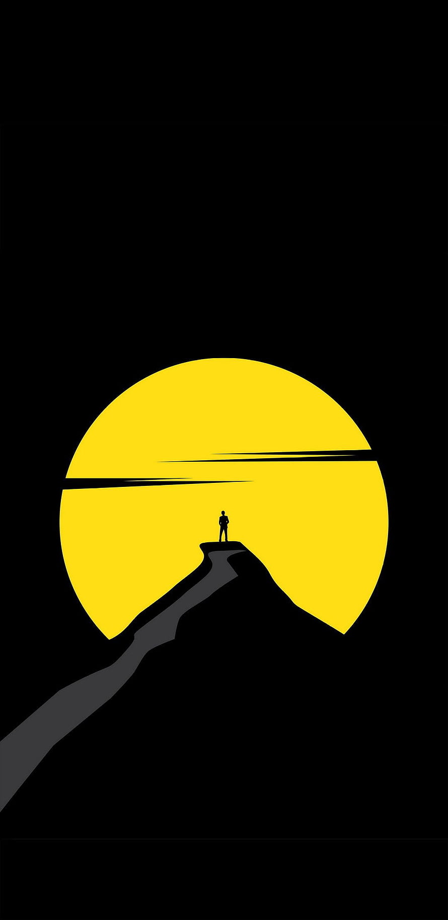 Minimalist silhouette of a lone figure standing on a winding path before a massive yellow sun against a black sky HD phone wallpaper