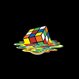 Melting Rubik's Cube Dissolving Into Colorful Liquid Pool on Black Background HD phone wallpaper