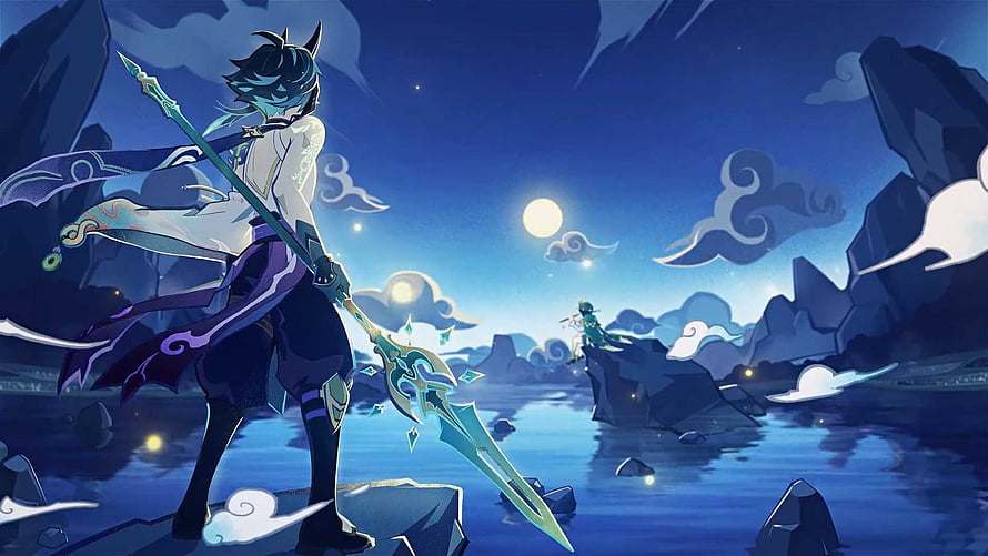 Genshin Impact Character Standing on Rocky Outcrop Under Moonlit Night Sky HD wallpaper