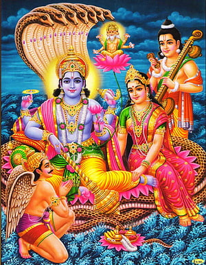 Lord Vishnu and Goddess Lakshmi Seated on Shesha Naga with Brahma and Garuda HD phone wallpaper