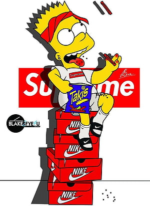 Bart Simpson in Supreme Tee Sitting on Nike Boxes with Takis and Phone HD phone wallpaper