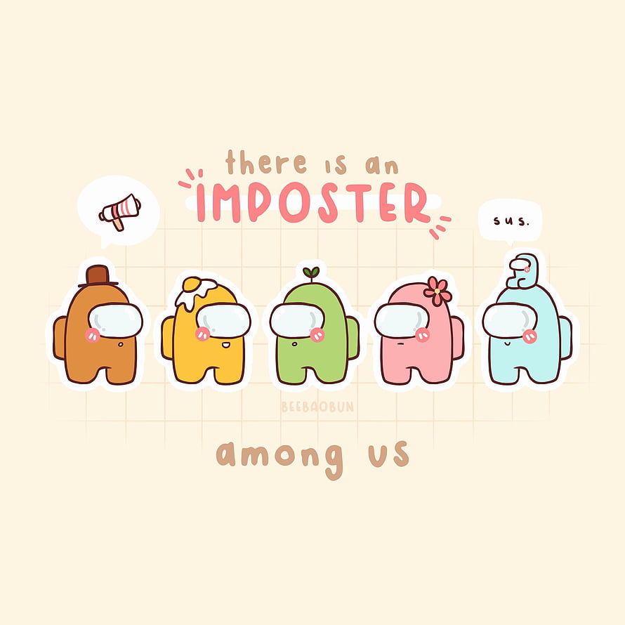 Kawaii Among Us Crewmates with Imposter Text and Speech Bubbles HD phone wallpaper