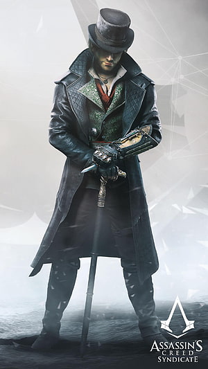 Jacob Frye from Assassin's Creed Syndicate in Victorian top hat and long coat holding a cane sword HD phone wallpaper