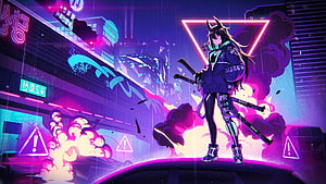Cyberpunk Anime Girl with Swords in Neon Rainy City HD wallpaper