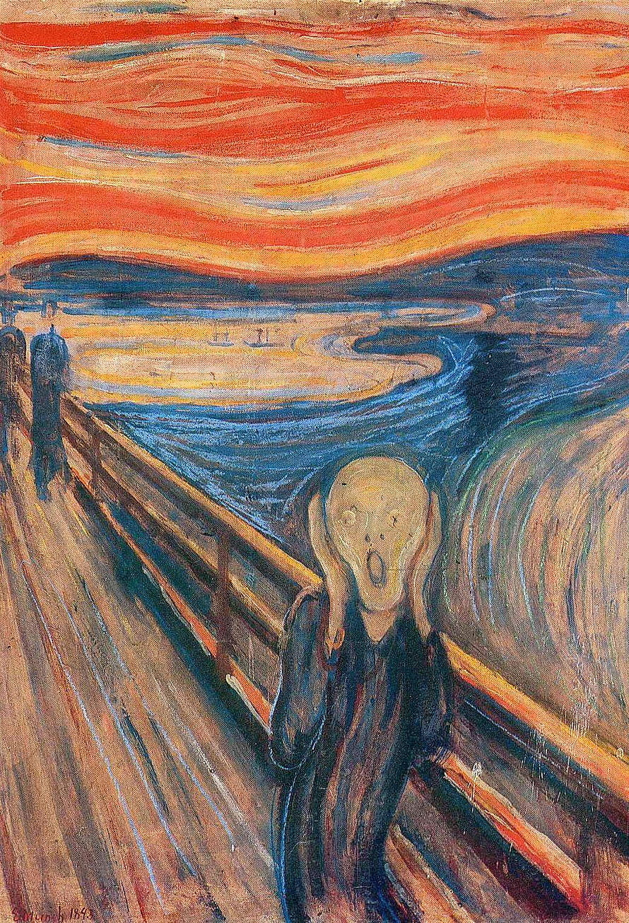 Edvard Munch The Scream Painting with Distorted Figure on Bridge and Swirling Red Sky HD phone wallpaper