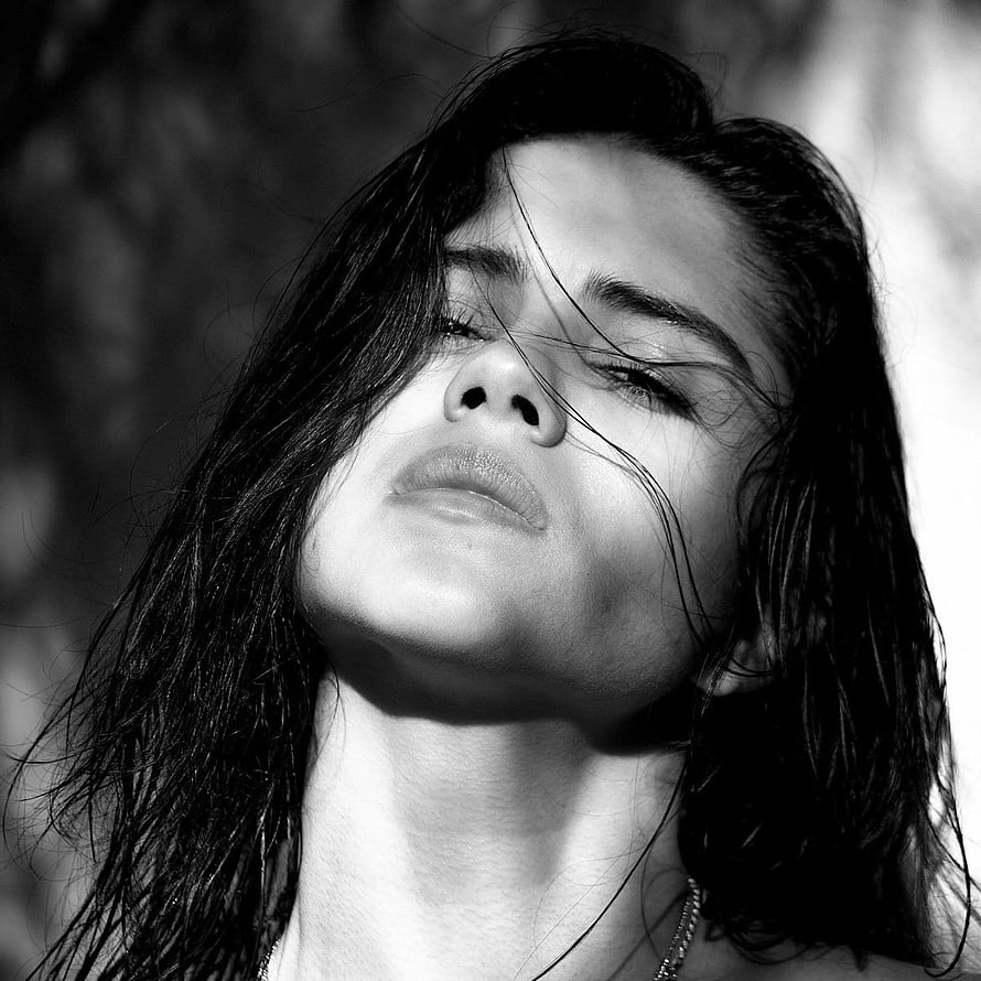 Sasha Calle Black and White Portrait with Windblown Hair and Closed Eyes HD phone wallpaper