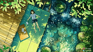 Anime Girl Lying on Bamboo Platform by a Forest Stream HD wallpaper