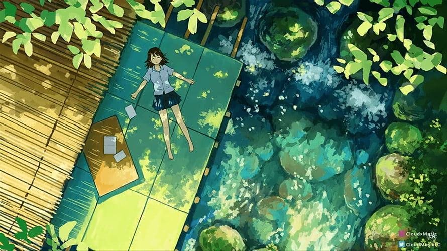 Anime Girl Lying on Bamboo Platform by a Forest Stream HD wallpaper