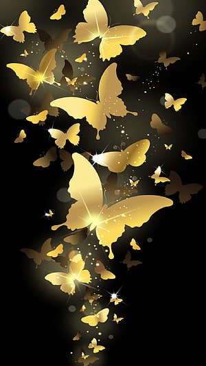 Golden Butterfly Swarm on Black Background with Sparkling Light Effects HD phone wallpaper