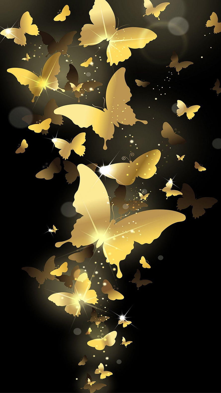 Golden Butterfly Swarm on Black Background with Sparkling Light Effects HD phone wallpaper