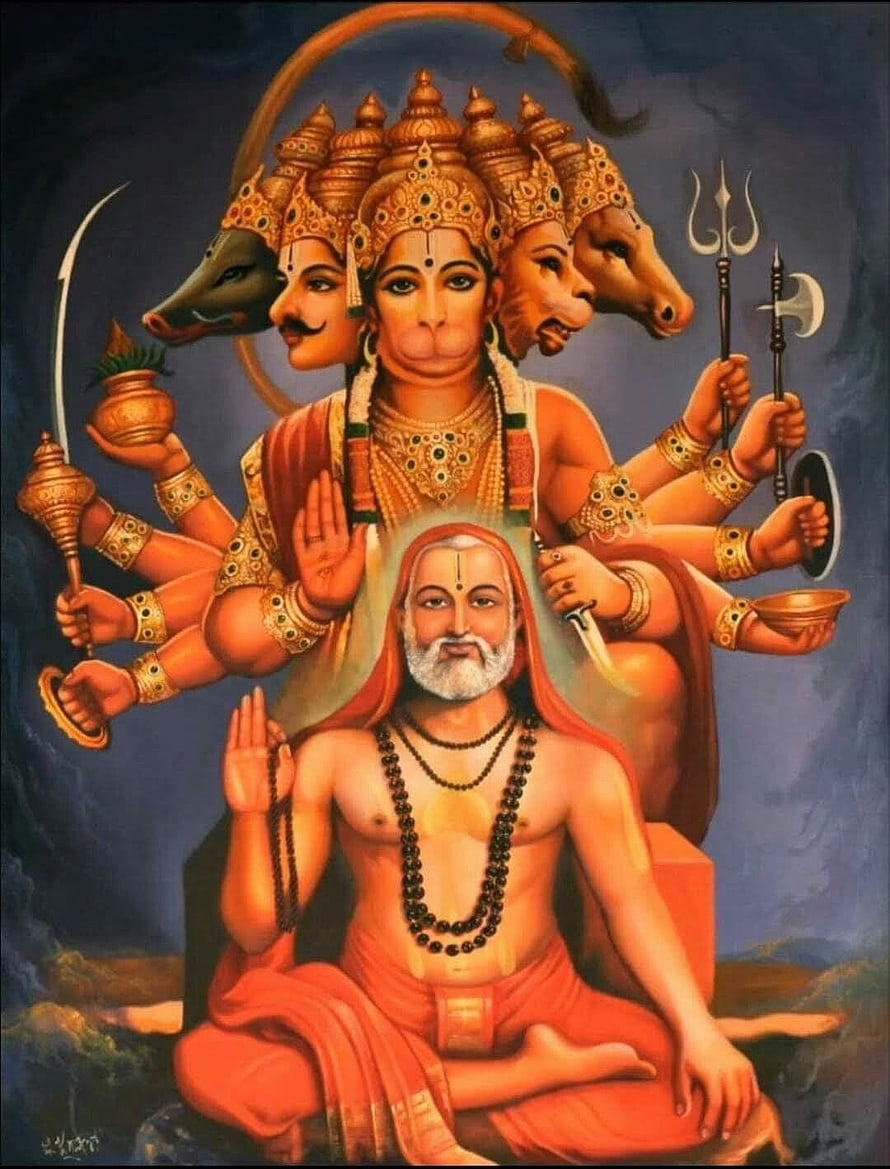 Raghavendra Swamy with Multi-Headed Divine Figure in Traditional Indian Painting HD phone wallpaper