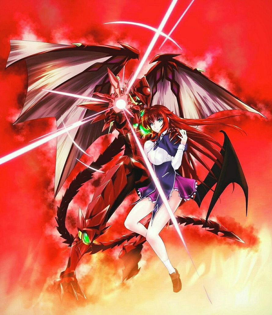 High School DxD Rias Gremory and Balance Breaker Dragon in Fiery Red Anime Art HD phone wallpaper