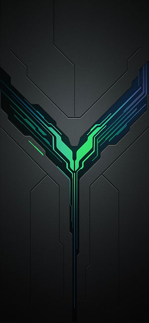 Futuristic Cyberpunk Circuit Design with Neon Green and Blue Accents on Dark Metallic Surface HD phone wallpaper