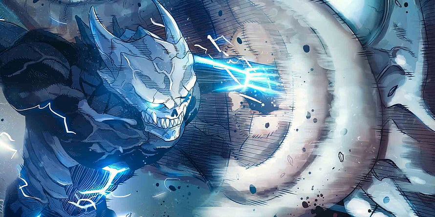 Kaiju No. 8 Monster Character with Glowing Blue Eyes and Energy Effects HD wallpaper