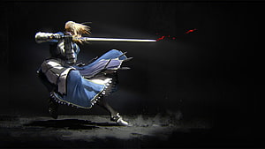 Artoria Pendragon Saber in Dynamic Combat Pose with Sword and Blue Armor HD wallpaper