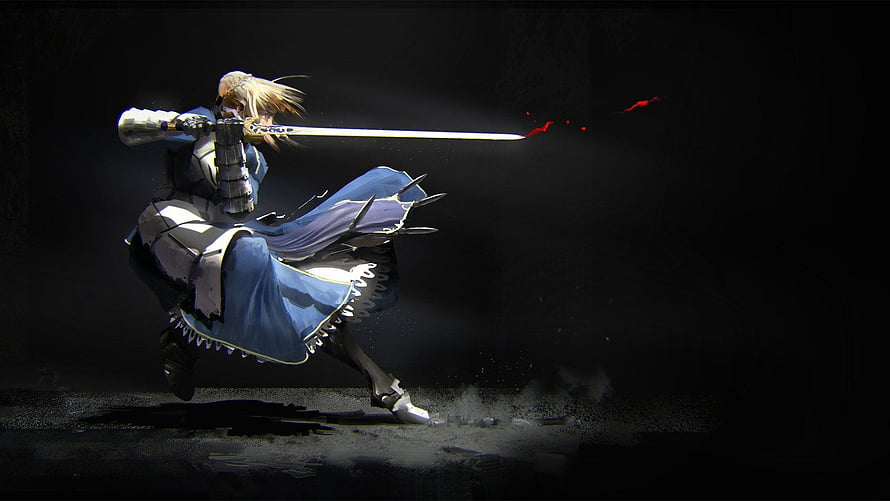 Artoria Pendragon Saber in Dynamic Combat Pose with Sword and Blue Armor HD wallpaper