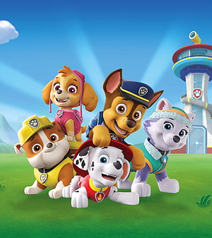 Paw Patrol Team Group Portrait on Grass with Lookout Tower and Blue Sky HD phone wallpaper