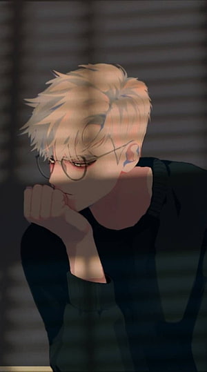 Blonde Anime Boy with Glasses in Shadowed Room HD phone wallpaper