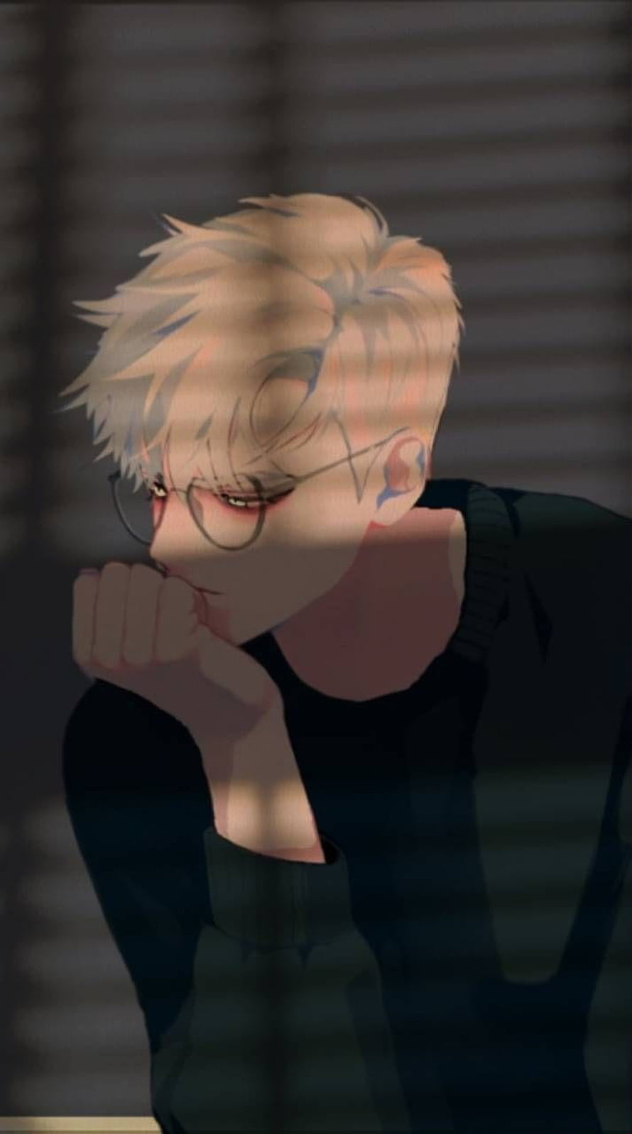 Blonde Anime Boy with Glasses in Shadowed Room HD phone wallpaper