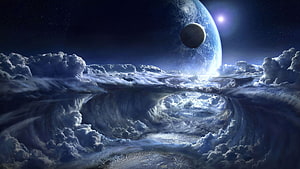 Ethereal Sci-Fi Landscape Featuring Swirling Clouds and Distant Planets HD wallpaper