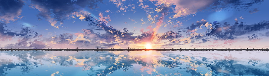 Anime Style Panoramic Sunset Over Calm Water with Dramatic Cloud Reflections HD wallpaper