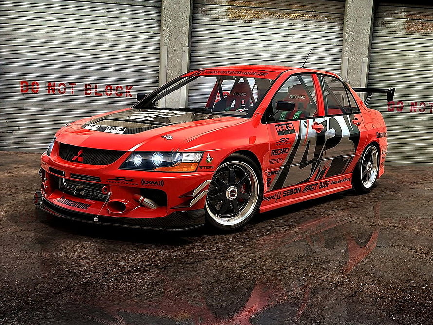 Red Mitsubishi Lancer Evolution Widebody Drift Car with Custom Livery HD wallpaper