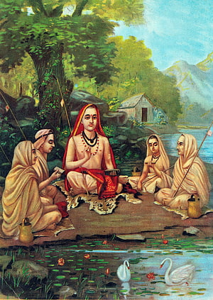 Adi Shankaracharya in Meditation with Disciples in a Forest Setting HD phone wallpaper