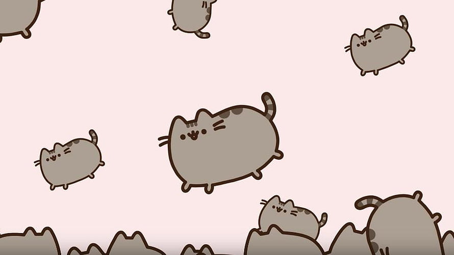 Cute Gray Pusheen Cat Pattern on Soft Pink Background HD wallpaper