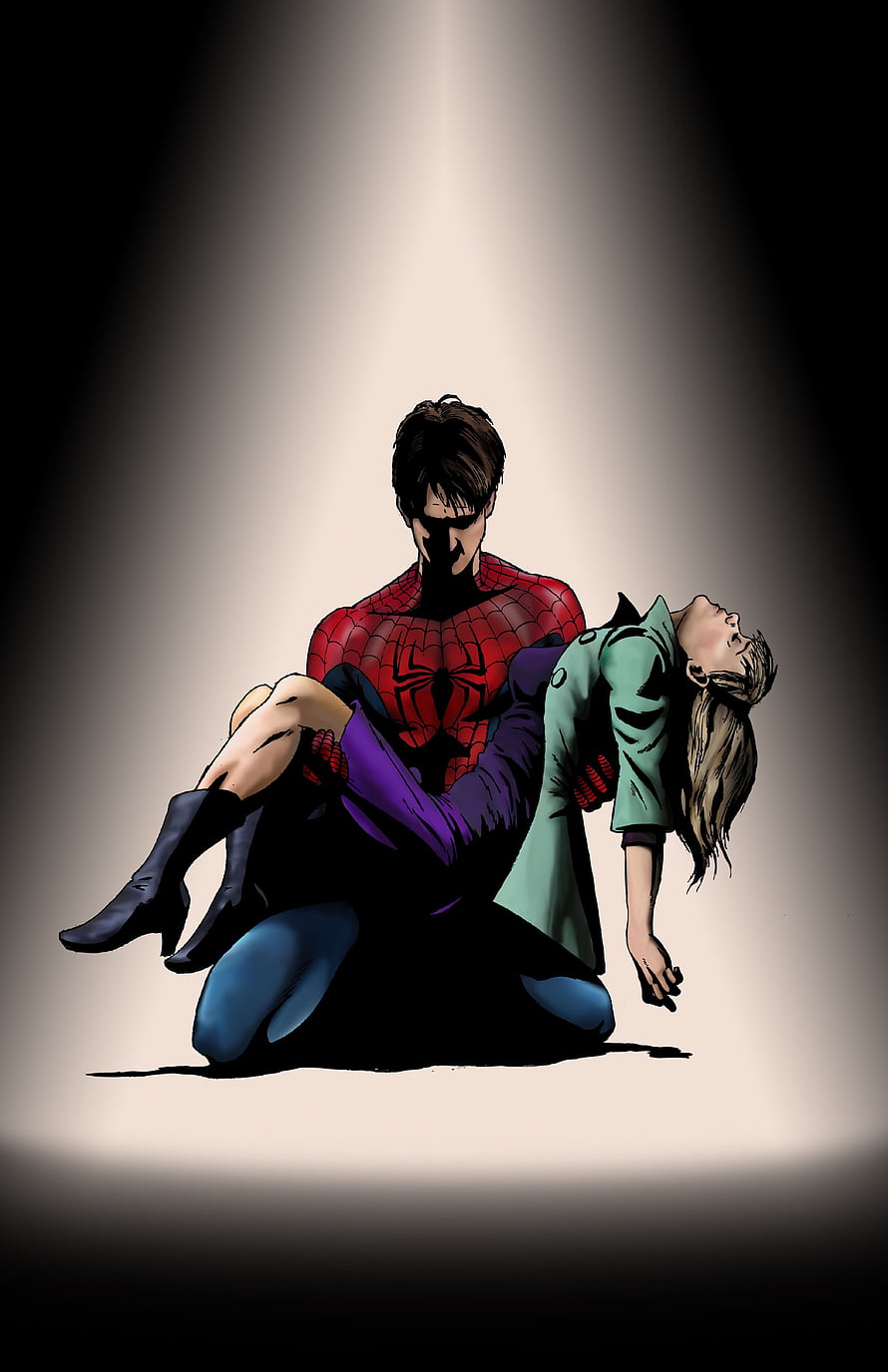 Spider-Man Cradles Unconscious Gwen Stacy in Dramatic Spotlight HD phone wallpaper