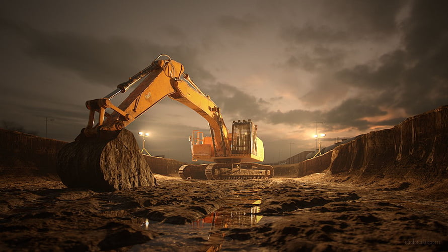 Yellow Excavator Digging in a Trench at Dusk with Dramatic Cloudy Sky HD wallpaper