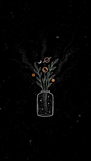 Celestial Botanical Illustration with Planets and Stars in a Glass Jar on Black Background HD phone wallpaper