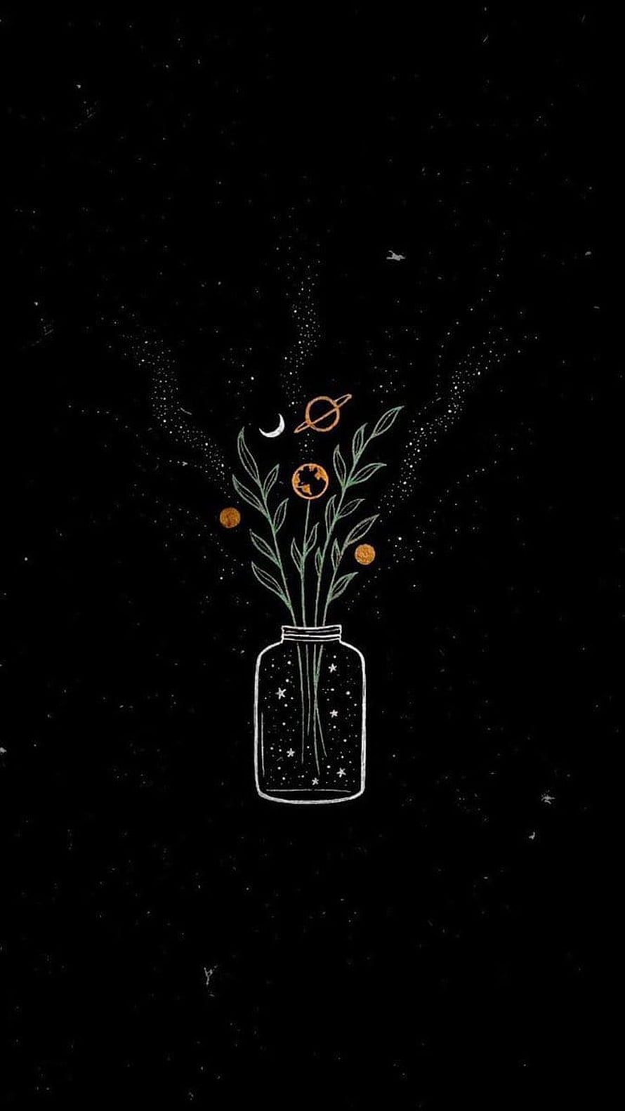 Celestial Botanical Illustration with Planets and Stars in a Glass Jar on Black Background HD phone wallpaper