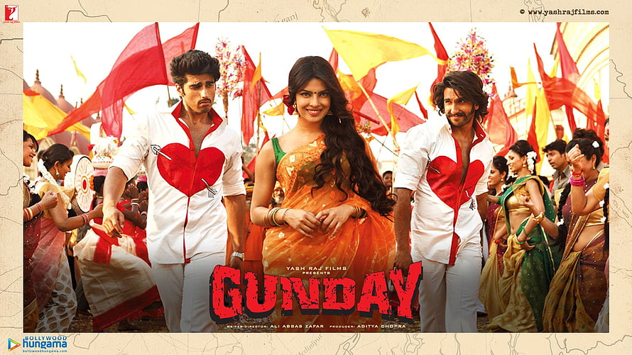 Gunday Movie Poster Featuring Ranveer Singh, Deepika Padukone, and Sidharth Malhotra in Festive Attire HD wallpaper