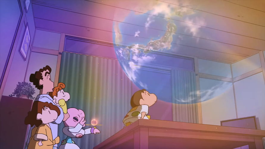 Crayon Shin-chan Family Gazing at a Giant Planet in a Dreamy Room HD wallpaper