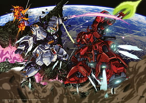 Nu Gundam and Sazabi Space Battle with Beam Swords and Explosions HD wallpaper