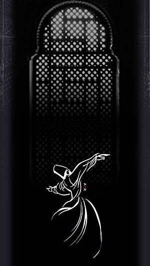 Minimalist Sufi Whirling Dervish Line Art Against Dark Arched Window HD phone wallpaper
