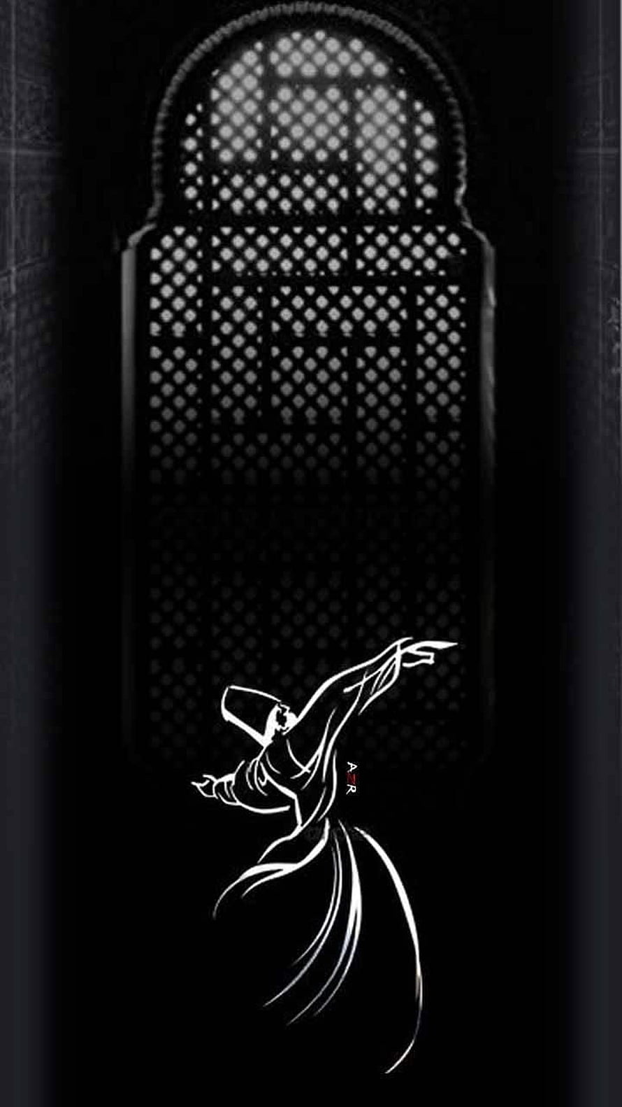 Minimalist Sufi Whirling Dervish Line Art Against Dark Arched Window HD phone wallpaper