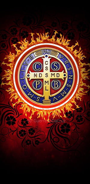 Saint Benedict Cross with Flames and Floral Background HD phone wallpaper