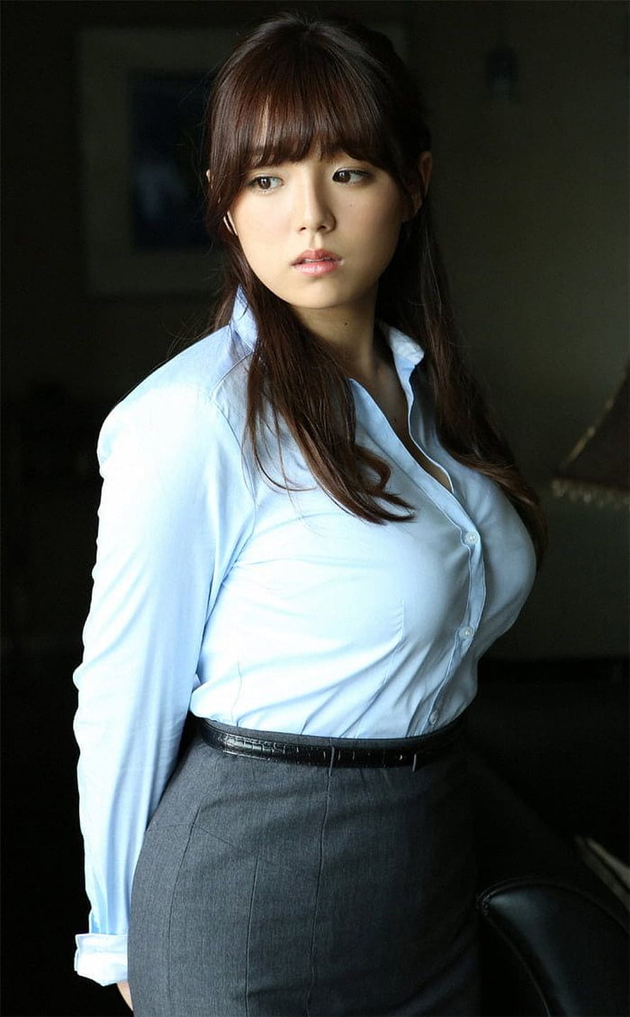 Ai Shinozaki in a light blue button-up shirt and grey pencil skirt with a black belt HD phone wallpaper