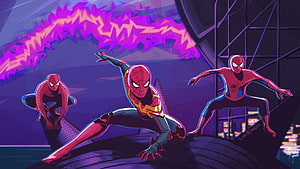 Spider-Man No Way Home Animated Trio in Dynamic Action Pose with Neon Purple Energy, spiderman no way home pc, #Spider HD wallpaper
