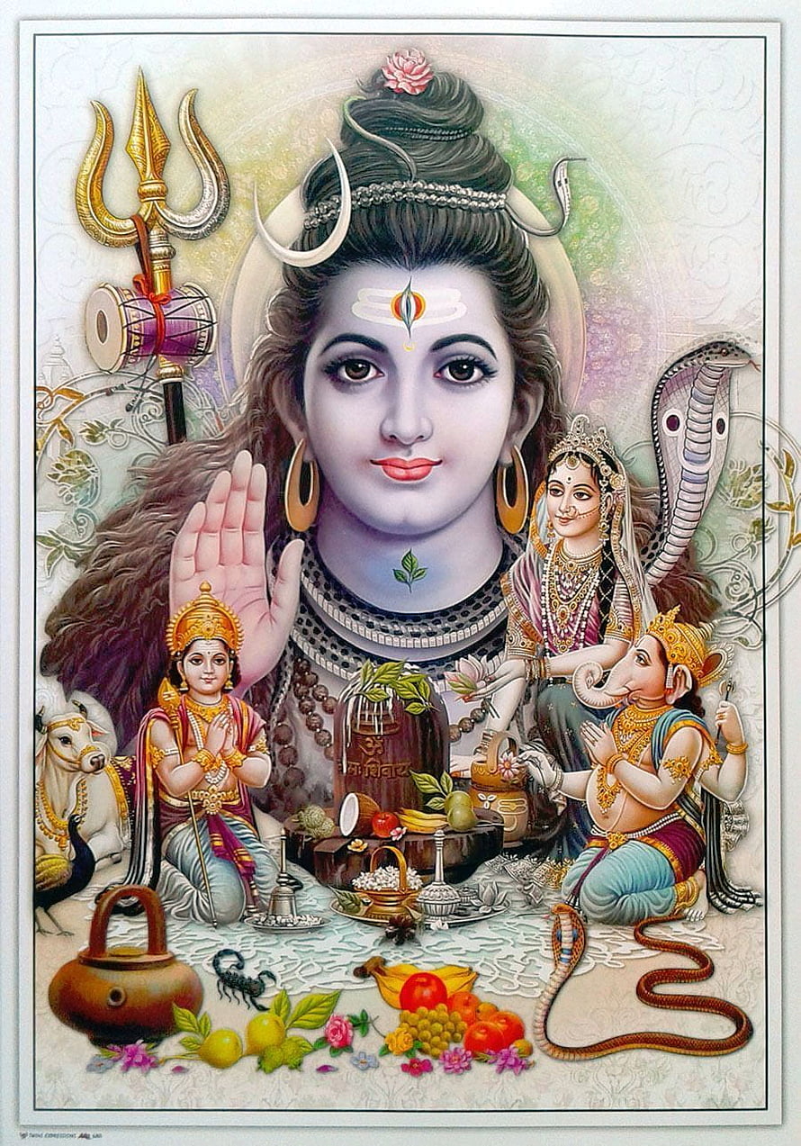 Lord Shiva with Parvati, Ganesha, and Murugan in a Devotional Hindu Painting HD phone wallpaper